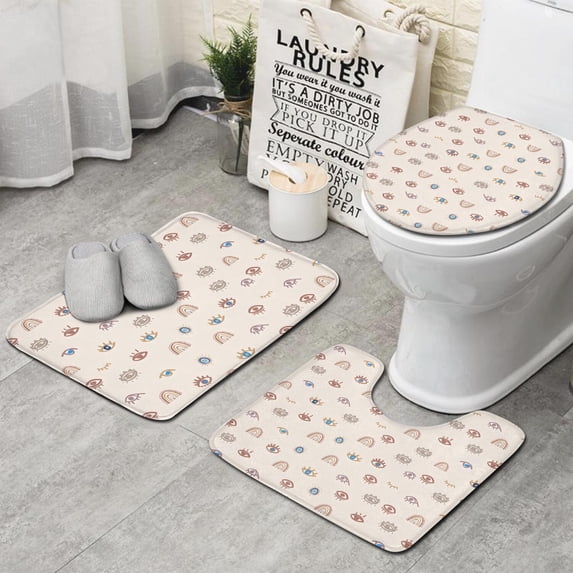 Brown Boho Eye and Rainbow Pattern Bathroom Rugs Sets 3 Piece,Toilet Cover Set,Absorbent Non Slip Bathroom Mats Sets with U-Shaped Contour Rug Toilet Rug Set