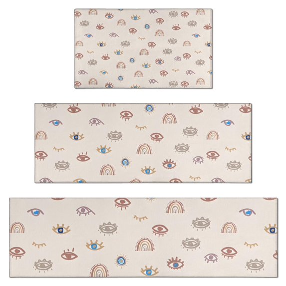 Brown Boho Eye and Rainbow Pattern Kitchen Rugs Sets Of 3,Kitchen Runner Rugs Non Skid Washable,Decorative Kitchen Floor Mats for Kitchen,Sink,Laundry,17"x30"+ 17"x47" + 17"x59"