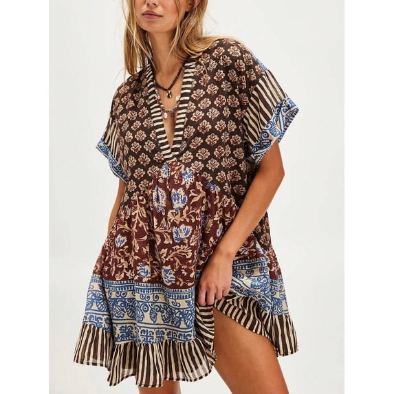 Brown Boho Floral Patchwork Babydoll Mini Dress Deep V-Neck Puff Sleeve ...