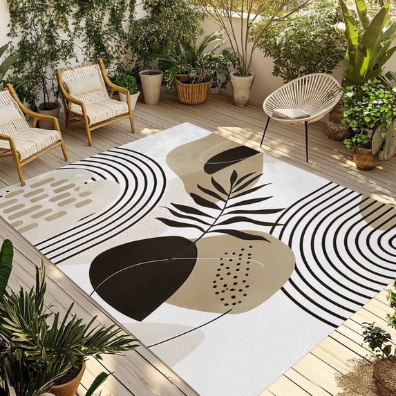 Brown Boho Geometric Outdoor Rug for Patio/Deck/Porch, Non-Slip Large Area Rug 6 x 9 Ft, Country Retro Abstract Lines Leaves Indoor Outdoor Rugs Washable Area Rugs, Camping Rug Carpet Runner