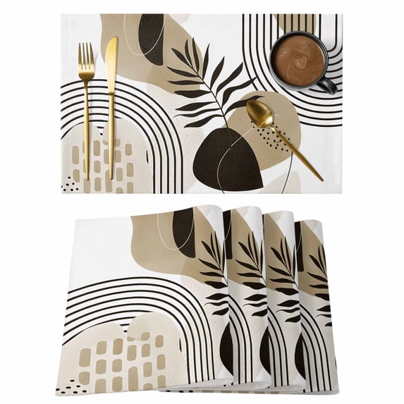 Brown Boho Geometric Placemats Set of 4, Country Retro Abstract Lines Leaves Placemats for Dining Table, Place Mats for Kitchen Tabletop, Waterproof Wipeable Dining Table Mats Set