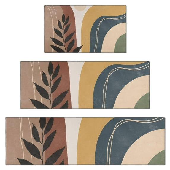 Brown Boho Geometric and Plant Pattern Kitchen Rugs Sets Of 3,Kitchen Runner Rugs Non Skid Washable,Decorative Kitchen Floor Mats for Kitchen,Sink,Laundry,17"x30"+ 17"x47" + 17"x59"