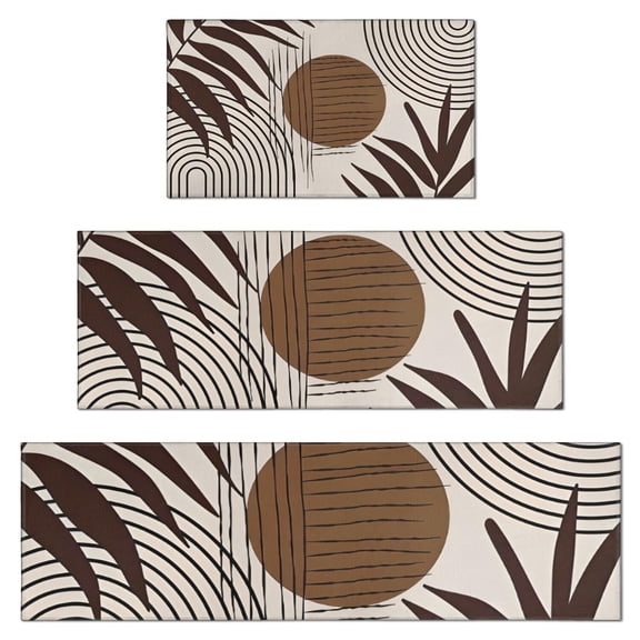 Brown Boho Geometric and Plant Pattern Kitchen Rugs Sets Of 3,Kitchen Runner Rugs Non Skid Washable,Decorative Kitchen Floor Mats for Kitchen,Sink,Laundry,17"x30"+ 17"x47" + 17"x59"