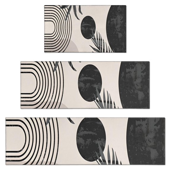 Brown Boho Geometric and Plant Pattern Kitchen Rugs Sets Of 3,Kitchen Runner Rugs Non Skid Washable,Decorative Kitchen Floor Mats for Kitchen,Sink,Laundry,17"x30"+ 17"x47" + 17"x59"