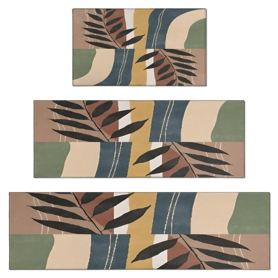 Brown Boho Geometric and Plant Pattern Kitchen Rugs Sets Of 3,Kitchen Runner Rugs Non Skid Washable,Decorative Kitchen Floor Mats for Kitchen,Sink,Laundry,17"x30"+ 17"x47" + 17"x59"