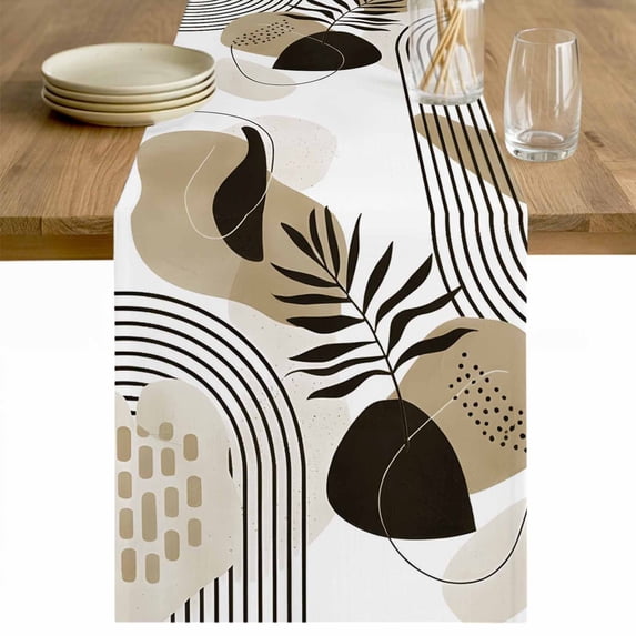 Brown Boho Geometric Table Runner - 108 Inch Long Country Retro Abstract Lines Leaves Cotton and Linen Blended Dress Scarves Farmhouse Table Runner for Kitchen Dining, Coffee Table, 13" x 108"
