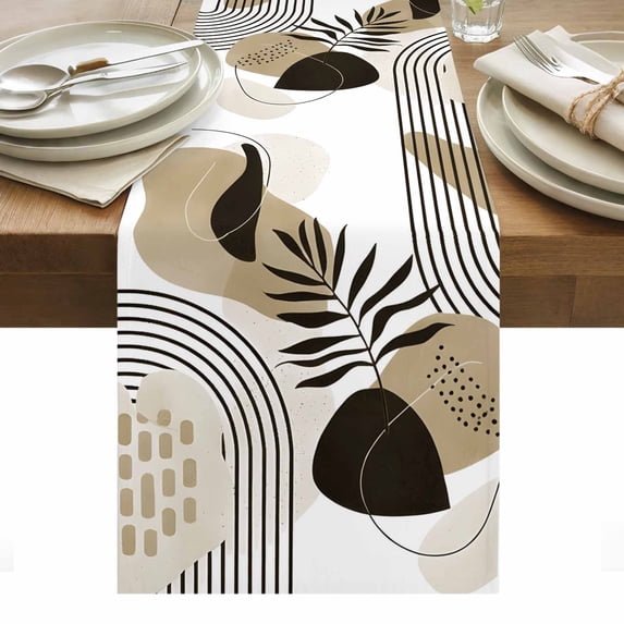 Brown Boho Geometric Table Runner - 48 Inch Long, Kitchen Dining Table Runner Dresser Scarves, Country Retro Abstract Lines Leaves Farmhouse Decor for Coffee Tables Wedding Party Banquet