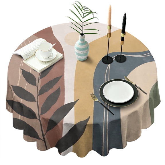 Brown Boho Geometric and Plant Pattern Round Tablecloth 60"x60",Wrinkle Wipeable Table Cloth for Kitchen Dining Room Picnic Patio Party