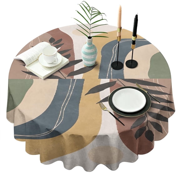 Brown Boho Geometric and Plant Pattern Round Tablecloth 60"x60",Wrinkle Wipeable Table Cloth for Kitchen Dining Room Picnic Patio Party