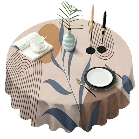 Brown Boho Geometric and Plant Pattern Round Tablecloth 60"x60",Wrinkle Wipeable Table Cloth for Kitchen Dining Room Picnic Patio Party