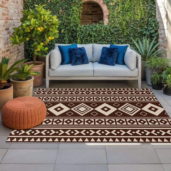 Brown Boho Indoor Outdoor Rugs 4x6 Ft, Moroccan Geometric Striped Folk Modern Farm Umber Outdoor Patio Rugs Mat Washable Outside Area Rugs Carpet for Porch Deck RV Camping Pool Balcony Backyard