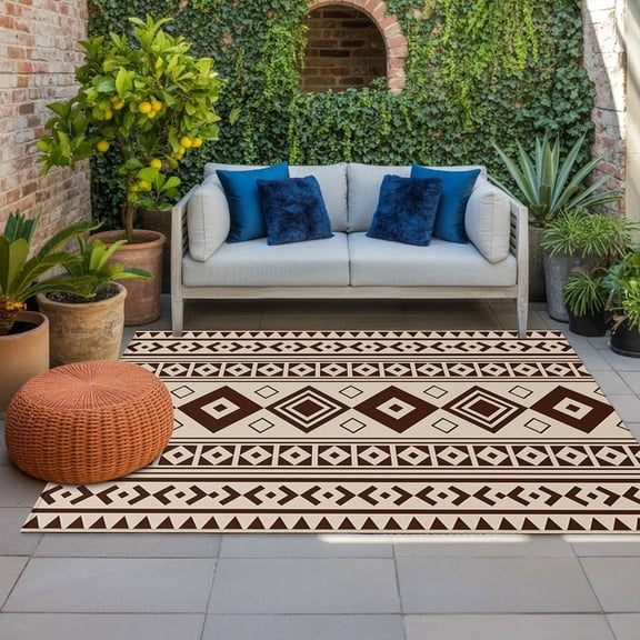 Brown Boho Indoor Outdoor Rugs 4x6 Ft, Moroccan Geometric Striped Folk Modern Farmhouse Khaki Outdoor Patio Rugs Mat Washable Outside Area Rugs Carpet for Porch Deck RV Camping Pool Balcony Backyard