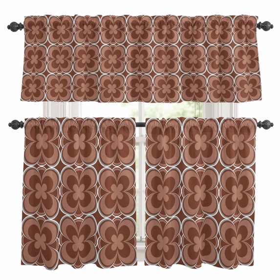 Brown Boho Kitchen Curtains Sets for Windows 24 Inch Length, Retro Farmhouse Abstract Floral Motifs Rod Pocket Window Treatments Tier Curtains and Valances Set for Bedroom/Bathroom