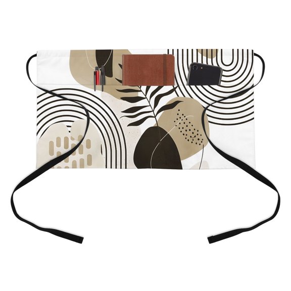 Brown Boho Kitchen Restaurant Half Waist Apron, Medieval Leaves Geometric Lines Abstract Server Short Apron with 3 Pockets Waterproof Oil Waist Aprons for Women Waitress Waiter