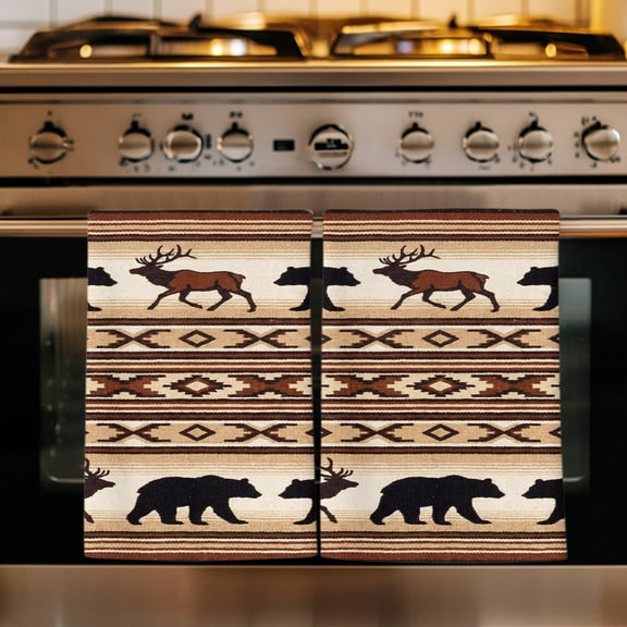 Brown Boho Kitchen Towels Set of 1, Farmhouse Cabin Ethnic Deer Bear Geometric Absorbent Dish Towels for Kitchen, Microfiber Hand Towel, Quick Drying Tea Towel for Cleaning Decorative Dishcloths