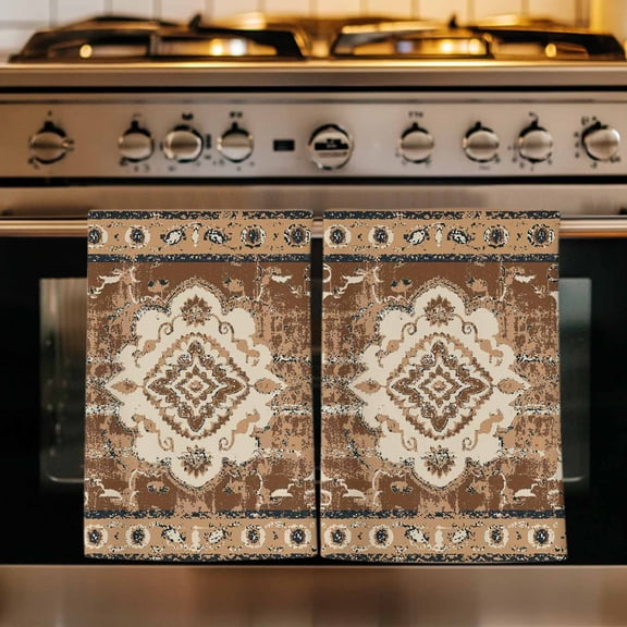 Brown Boho Kitchen Towels Set of 1, Retro Western Rustic Ethnic Tribal Patterns Absorbent Dish Towels for Kitchen, Microfiber Hand Towel, Quick Drying Tea Towel for Cleaning Decorative Dishcloths