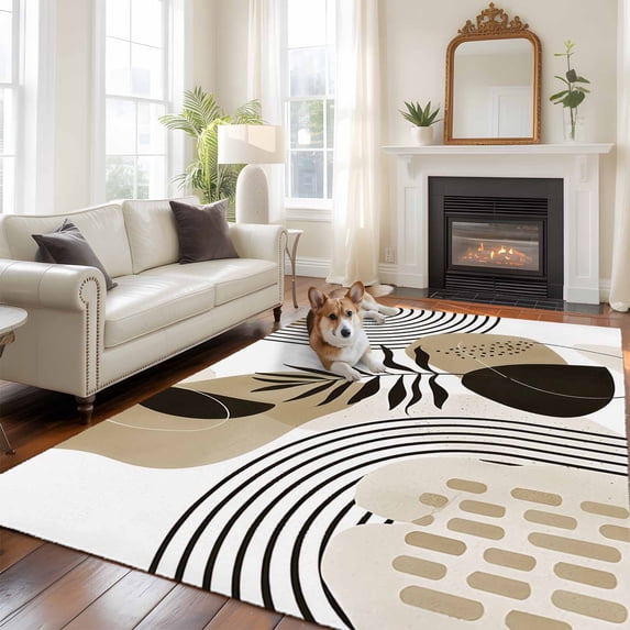 Brown Boho Large Area Rugs 8x10 ft Medieval Leaves Geometric Lines Abstract Washable Rug Non Slip Indoor Carpet Absorbent Floor Mat for Living Room Bedroom Dining Room