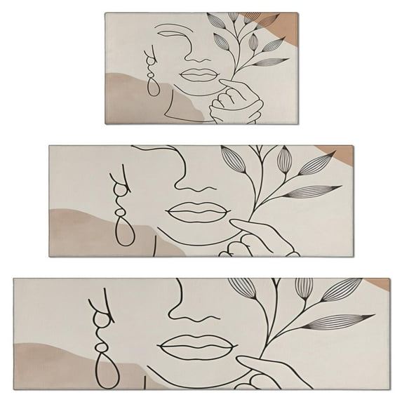 Brown Boho Line Art Face and Plant Pattern Kitchen Rugs Sets Of 3,Kitchen Runner Rugs Non Skid Washable,Decorative Kitchen Floor Mats for Kitchen,Sink,Laundry,17"x30"+ 17"x47" + 17"x59"