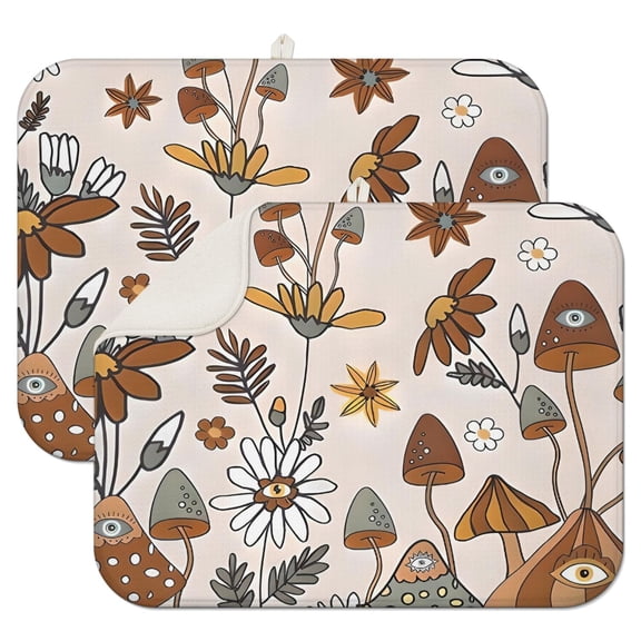 Brown Mushroom Flower Light Pattern Dish Drying Mat for Kitchen 1 Pack, Ultra Absorbent Microfiber Dishes Drainer Mats,18"x24"