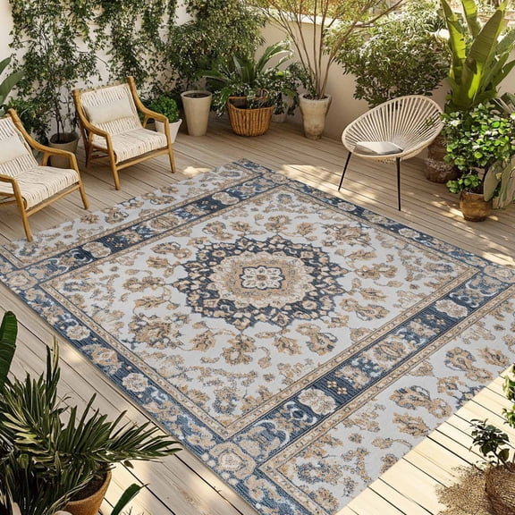 Brown Boho Outdoor Rug 5x8 Ft - Reversible Patio Rug Outdoor Camping Rugs, Southwest Aztec Abstract Motifs Florals Washable Indoor Outdoor Area Rugs, Non-Slip Outdoor Carpet Runner for Deck/Porch