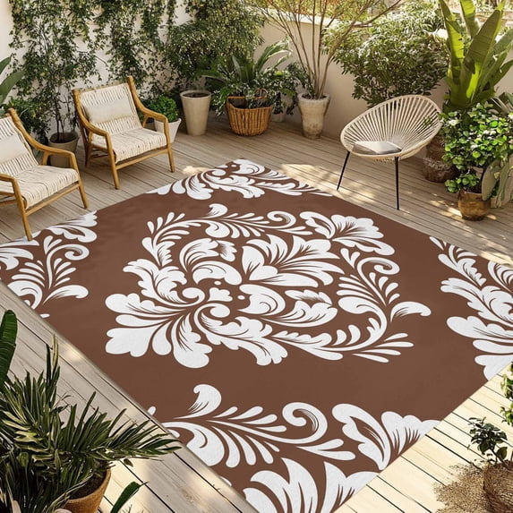 Brown Boho Outdoor Rug for Patio/Deck/Porch, Non-Slip Large Area Rug 3 x 5 Ft, Vintage Classic Bohemia Flower Textured Indoor Outdoor Rugs Washable Area Rugs, Reversible Camping Rug Carpet Runner