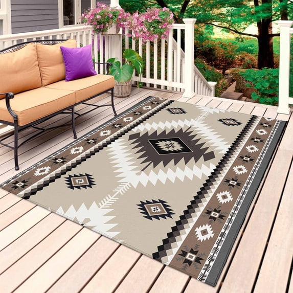 Brown Boho Outdoor Rug for Patio/Deck/Porch, Non-Slip Large Area Rug 3 x 5 Ft, Vintage Rustic Southwest Aztec Geometric Indoor Outdoor Rugs Washable Area Rugs, Reversible Camping Rug Carpet Runner