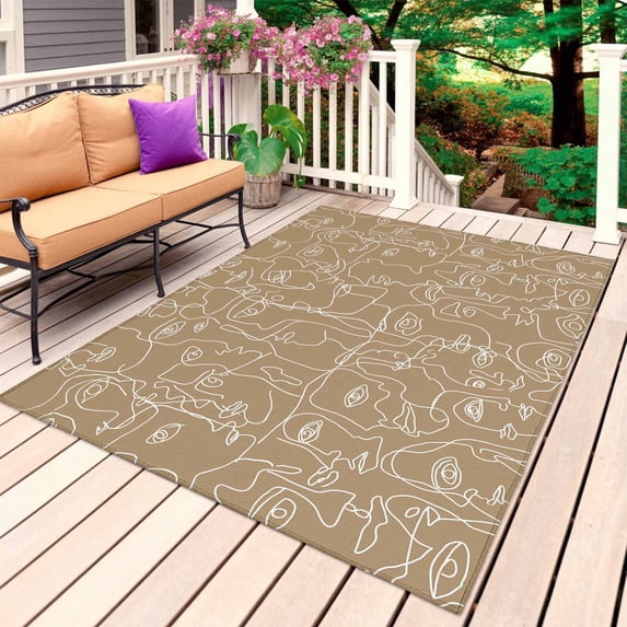 Brown Boho Outdoor Rug for Patio/Deck/Porch, Non-Slip Large Area Rug 4 x 6 Ft, Modern Minimalist Feminine Face Lines Indoor Outdoor Rugs Washable Area Rugs, Reversible Camping Rug Carpet Runner