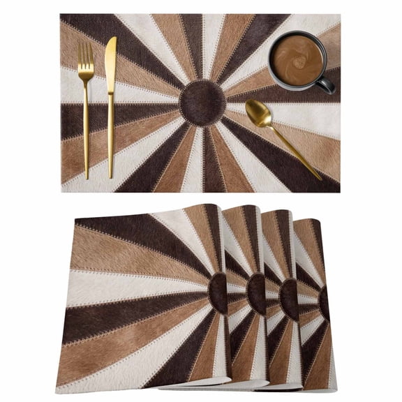 Brown Boho Placemats Set of 12 Modern Abstract Cowhide Patchwork Print Place Mats Indoor Wipeable Table Mats Washable Cloth Dining Table Placemats for Kitchen Holiday Party Home Decor 13x19 Inch