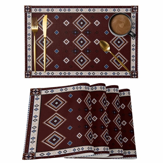 Brown Boho Placemats Set of 12, Retro Farmhouse Abstract Geometric Ethnic Art Placemats for Dining Table, Place Mats for Kitchen Tabletop, Waterproof Wipeable Dining Table Mats Set