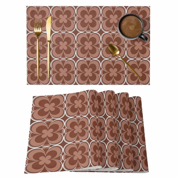 Brown Boho Placemats Set of 6, Retro Farmhouse Abstract Floral Motifs Placemats for Dining Table, Place Mats for Kitchen Tabletop, Waterproof Wipeable Dining Table Mats Set