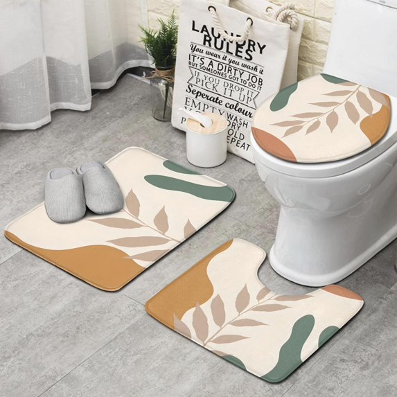 Brown Boho Plant Pattern Bathroom Rugs Sets 3 Piece,Toilet Cover Set,Absorbent Non Slip Bathroom Mats Sets with U-Shaped Contour Rug Toilet Rug Set