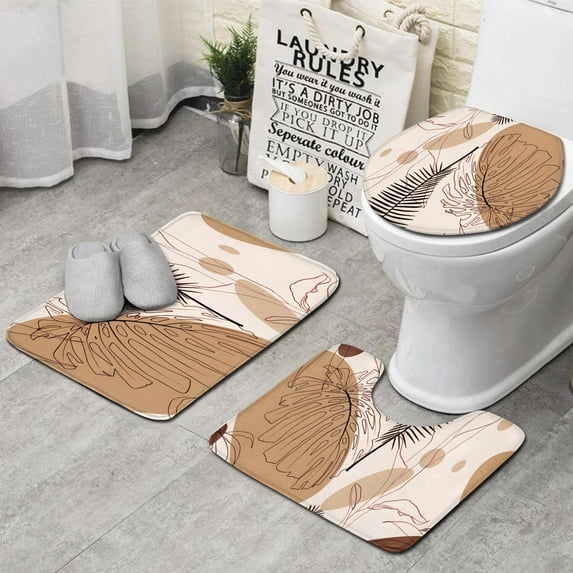 Brown Boho Plant Pattern Bathroom Rugs Sets 3 Piece,Toilet Cover Set,Absorbent Non Slip Bathroom Mats Sets with U-Shaped Contour Rug Toilet Rug Set