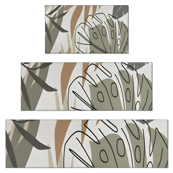 Brown Boho Plant Pattern Kitchen Rugs Sets Of 3,Kitchen Runner Rugs Non Skid Washable,Decorative Kitchen Floor Mats for Kitchen,Sink,Laundry,17"x30"+ 17"x47" + 17"x59"