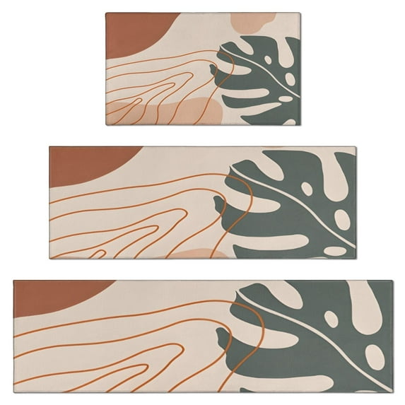 Brown Boho Plant Pattern Kitchen Rugs Sets Of 3,Kitchen Runner Rugs Non Skid Washable,Decorative Kitchen Floor Mats for Kitchen,Sink,Laundry,17"x30"+ 17"x47" + 17"x59"