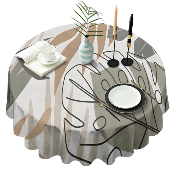 Brown Boho Plant Pattern Round Tablecloth 60"x60",Wrinkle Wipeable Table Cloth for Kitchen Dining Room Picnic Patio Party