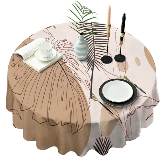 Brown Boho Plant Pattern Round Tablecloth 60"x60",Wrinkle Wipeable Table Cloth for Kitchen Dining Room Picnic Patio Party