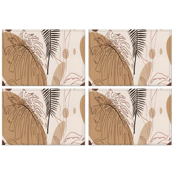 Brown Boho Plant Pattern Summer Placemats Table Placemats Set Of 4-Linen Kitchen Washable Placemats Table Mats 11.8"x17.7" Non-Slip Heat Resistant