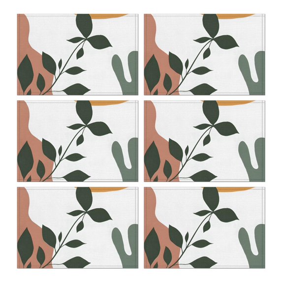 Brown Boho Plant Pattern Summer Placemats Table Placemats Set Of 6-Linen Kitchen Washable Placemats Table Mats 11.8"x17.7"Non-Slip Heat Resistant