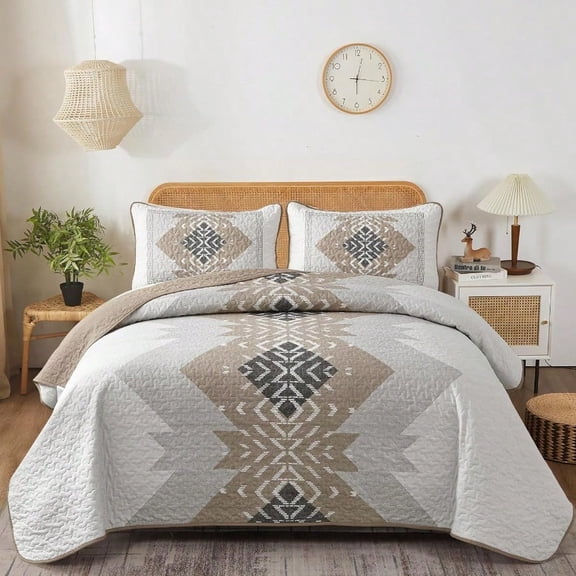 Brown Boho Quilt Set Queen3 Pieces Aztec Texture Quilt with 2 Pillowcases Bohemian Geometric Bedspread Bedding Set Microfiber Quilted Coverlet Set for All Seasons Queen Size 9096