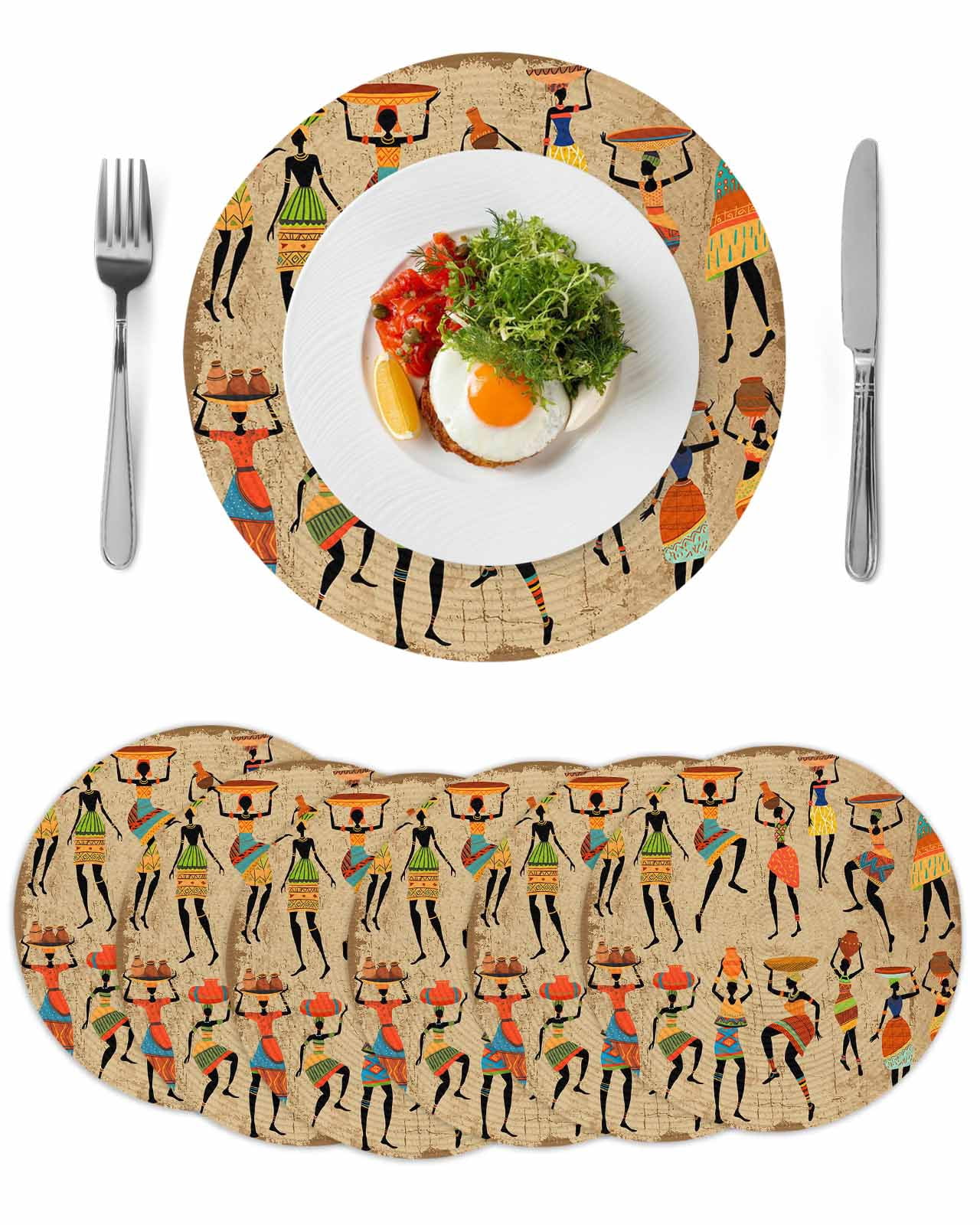 Brown Boho Round 13 Inch Placemats Set of 6, Farmhouse Vintage Ethnic ...
