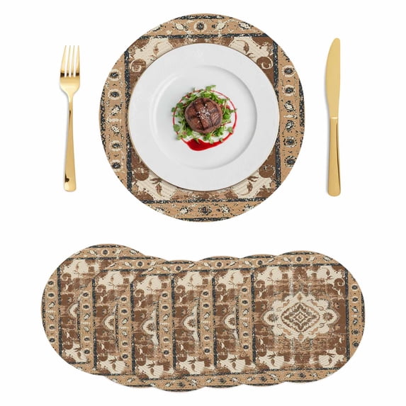 Brown Boho Round 13 Inch Placemats Set of 6, Retro Western Rustic Ethnic Tribal Patterns HeatResistant Non Slip Place Mats for Dining Table, Wipeable Braided Kitchen Table Mats for Housewarming