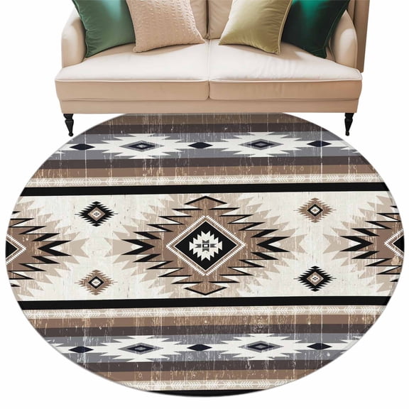 Brown Boho Round Area Rug 5ft Washable Large Round Rug for Living Room, Soft Non-Slip Circle Rugs for Dining Room, Southwestern Ethnic Aztec Retro Geometric Floor Carpet for Bedroom Entryway Office