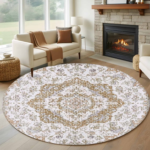 Brown Boho Round Area Rug 7Ft Washable Circle Rugs for Dorm Laundry Room, Vintage Abstract Art Floral Ethnic Tribe Non-Slip Carpet Floor Mats Indoor Outdoor Carpet Runner Aesthetic Home Decor