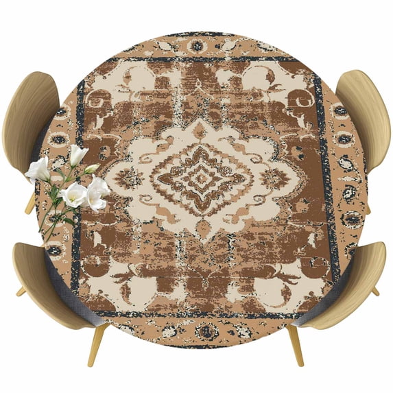 Brown Boho Round Tablecloth, Fitted Table Cover with Elastic for 36"-44" Round Tables, Retro Western Rustic Ethnic Tribal Patterns Table Cloth Outdoor Indoor Dinning Party Waterproof Tablecloths
