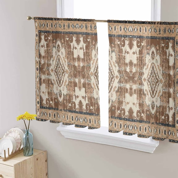 Brown Boho Semi Sheer Curtains 45 Inch Length 2 Panels Set, Retro Western Rustic Ethnic Tribal Patterns Sheer Kitchen Curtain Privacy Voile Window Curtain for Living Room Bedroom Rod Pocket Drapes