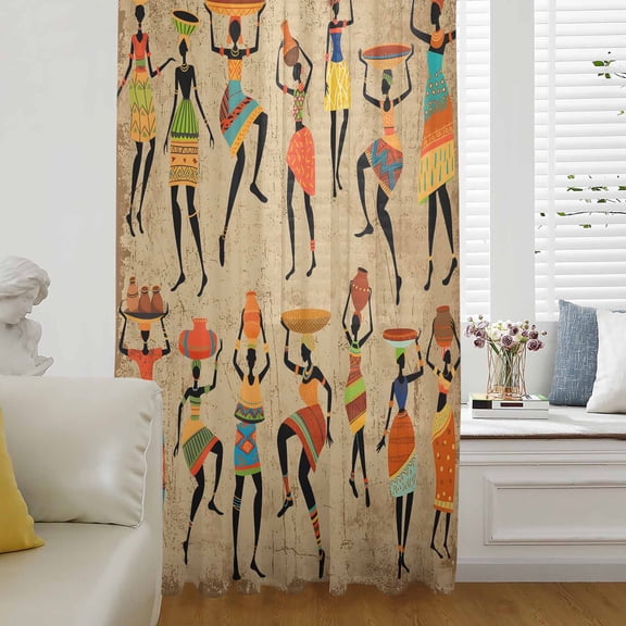 Brown Boho Semi Sheer Curtains Drapes for Living Room, Bedroom, French Doors Window 54 Inches Long, Farmhouse Vintage Ethnic African Women Rod Pocket Chiffon Curtain Drapery Voile Draperies Panel