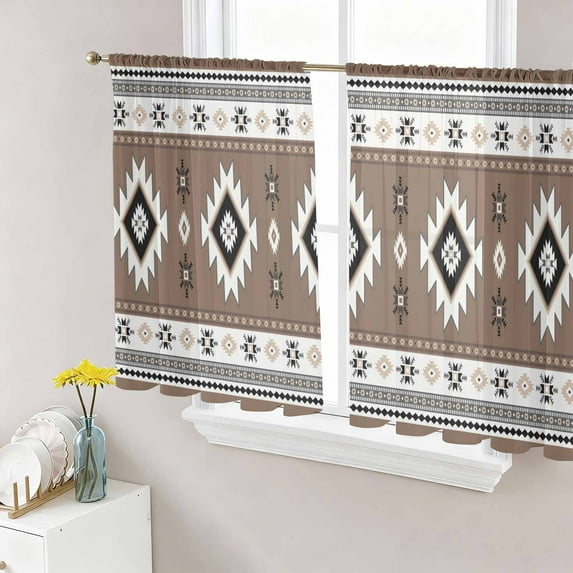 Brown Boho Semi Sheer Window Curtains 45 Inches Long, Farmhouse Aztec Southwest Ethnic Geometric Rod Pocket Voile Silky Chiffon Curtain Light Filtering Drapes for Living Room, 52"x45", 2 Panels