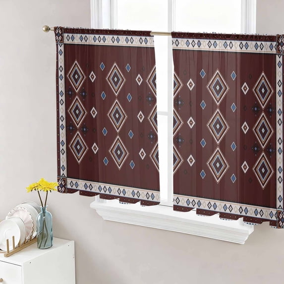 Brown Boho Sheer Curtains 54 Inch Length 2 Panels Set, Retro Farmhouse Abstract Geometric Ethnic Art Voile Window Treatment Rod Pocket Short Kitchen Curtains Drapes for Bedroom 52"x54"x2