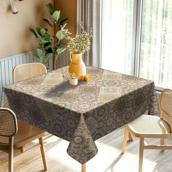 Brown Boho Square Tablecloth Ethnic Bohemian Table Cloth Modern Farmhouse Table Cover Polyester Washable Geometric Tablecloth for Home Kitchen Dining Room Picnic Patio Party(54 inch)