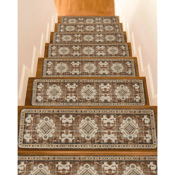 Brown Boho Stair Treads for Wooden Steps Indoor Runner Rug Carpet, Retro Western Rustic Ethnic Tribal Patterns 15 Pieces Peel and Stick Staircase Step Treads Covers Washable Throw Door Mats, 30"x8"